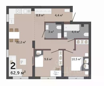 Продается 2-комн. квартира, 62,9 м²