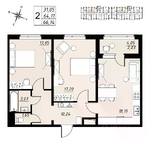 Продается 2-комн. квартира, 66,14 м²