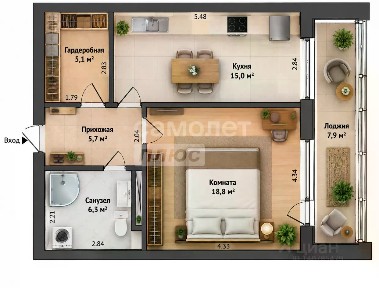 Продается 1-комн. квартира, 50,4 м²