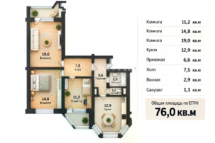 Продается 3-комн. квартира, 76 м²