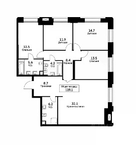 Продается 4-комн. квартира, 119,1 м²