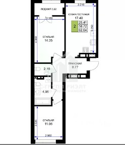 Продается 2-комн. квартира, 62,64 м²