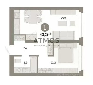 Продается 1-комн. квартира, 43,3 м²