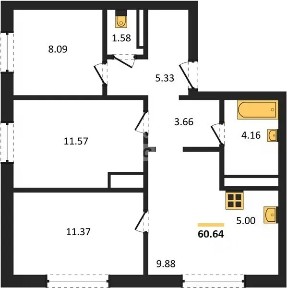 Продается 3-комн. квартира, 60,64 м²