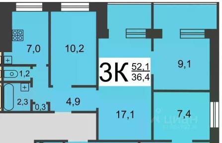 Продается 3-комн. квартира, 52,1 м²