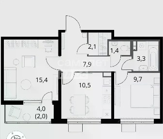 Продается 2-комн. квартира, 52,1 м²