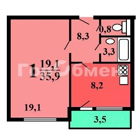 Продается доля, 35,8/19,1/8,2 м²