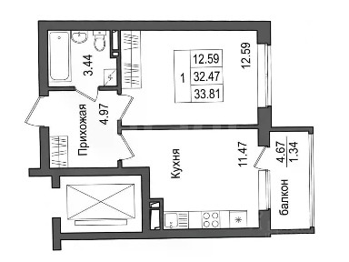 Продается 1-комн. квартира, 33,4 м²
